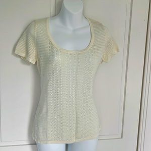 Etcetera Gorgeous Cream sheer, dressy, Scoop Neck knit top w sequins & beading S